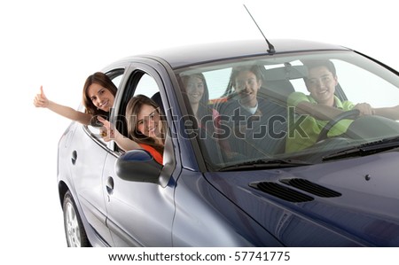 Happy people coming out from a car with thumbs up - isolated over a white background