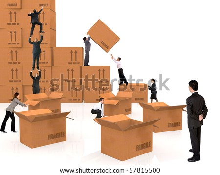 group of business people piling up boxes - isolated over a white background
