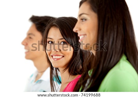 Woman in a line of people smiling - isolated over white