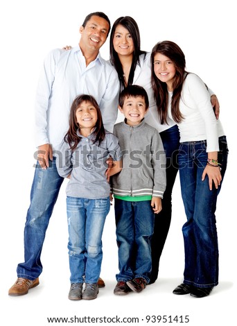 Beautful five memberLatin american family - isolated over a white background