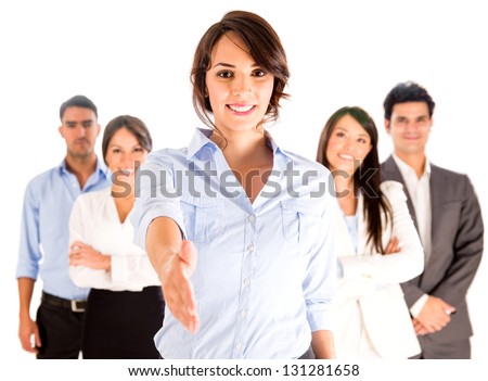Business woman with hand extended to handshake isolated over white Business woman with hand extended to handshake isolated over white