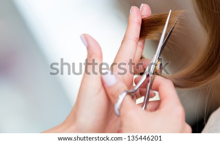 Cutting the split ends of damage hair at the beauty salon