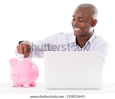 Business man saving money online - isolated over white