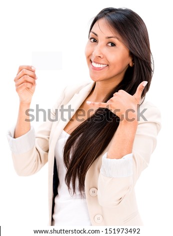 Woman making a call me gesture with a contact card - isolated over white