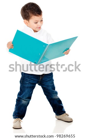 Cute little boy reading a book - isolated over a white background