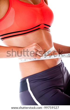 Woman taking body measurements - isolated over a white background