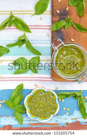 basil  pesto ,fresh basil  on the wooden table