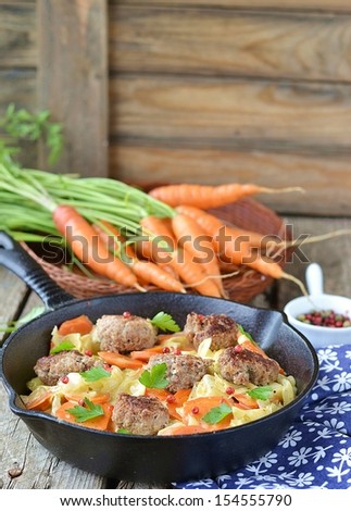 braised vegetables with meat balls  and fresh carrot on rustic background