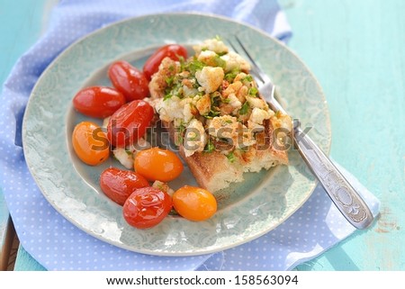 bruschetta with herby tofu scramble,and grilled  cherry tomatoes