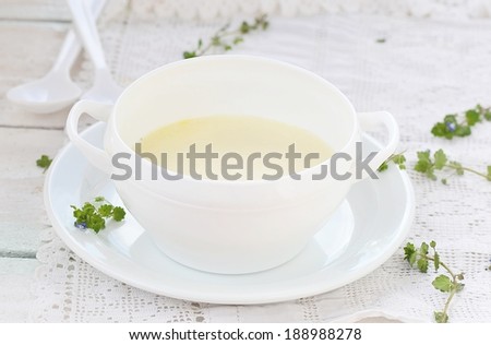 semolina porridge for breakfast in to white plate. selective focus