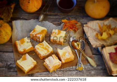 pumpkin pie about cream cheese on an autumn background.selective focus