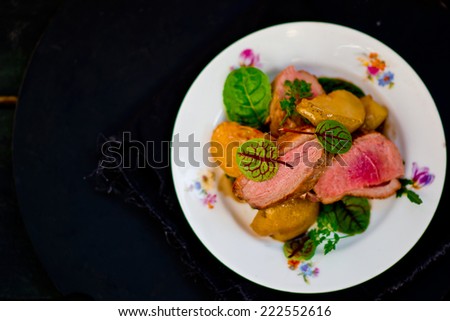 fried duck breast with slices of pears, a green salad and sauce.selective focus