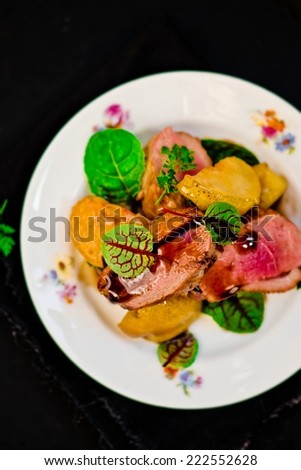 fried duck breast with slices of pears, a green salad and sauce.selective focus