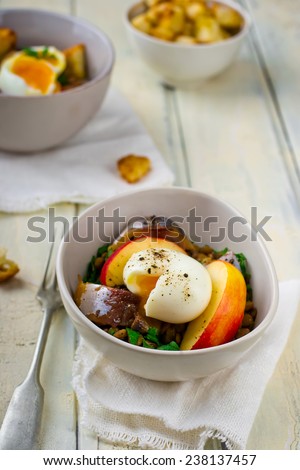 lentil salad with egg, apples and croutons. selective focus