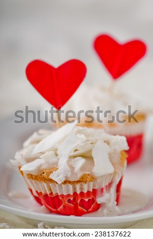 coconut cakes in festive registration for St. Valentine\'s Day. selective focus