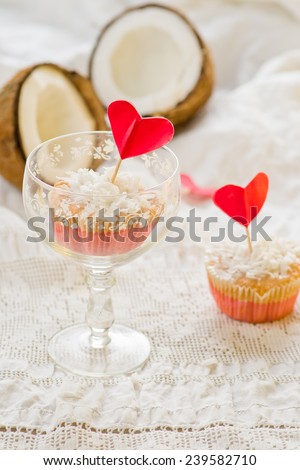 coconut cakes in festive registration for St. Valentine's Day.