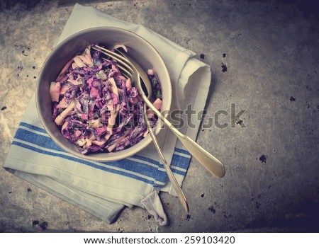 salad Cole slaw  from a red cabbage. American cuisine. style vintage. selective focus. the image is tinted
