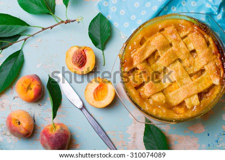 homemade peaches  pie  .top view.  style vintage. selective focus.