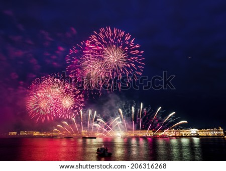 The fireworks and a laser show in the waters of the Neva River in St. Petersburg at the Festival \