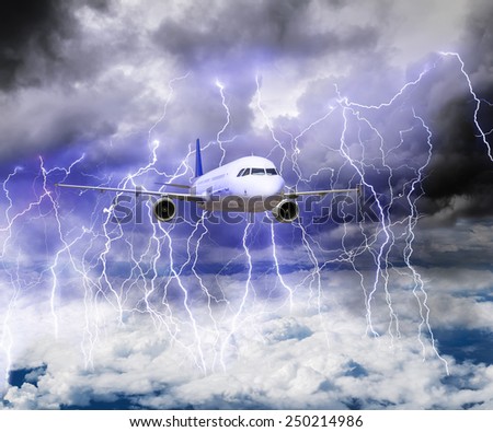 The plane flies through a storm with lots of lightning in a storm.