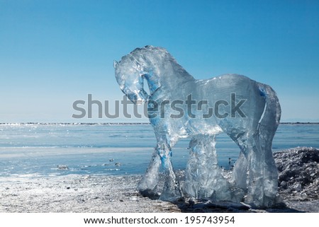 Horses, a sculptures  from ice on the frozen lake Baikal