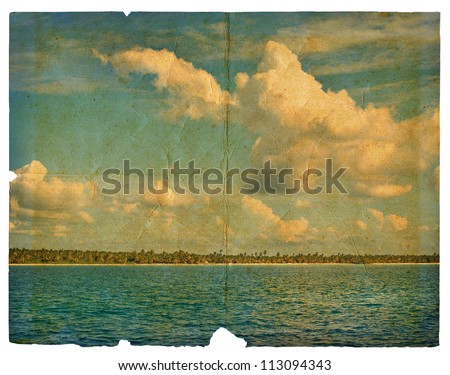 Landscape on old paper - the sea, the sky, the beach with palm trees. Dominican Republic