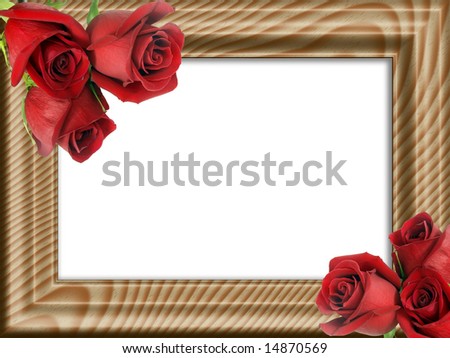 Bouquet from three red roses on a wooden framework for photos.