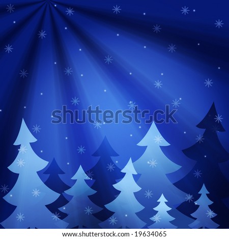 The background showing fur-trees under a snowfall at night. In blue and dark blue tones