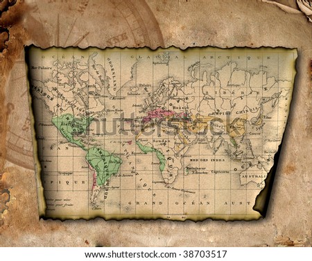 Ancient map of the world. The torn, scorched edges. Compass.