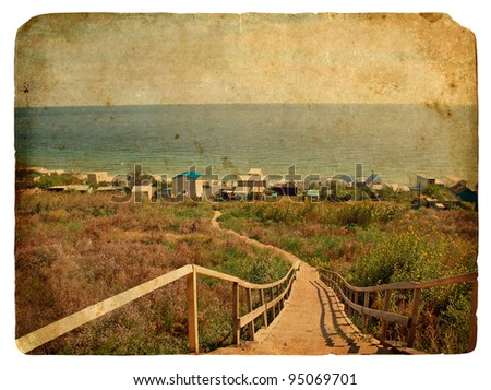 A staircase leads down to the sea. Old postcard, design in grunge and retro style