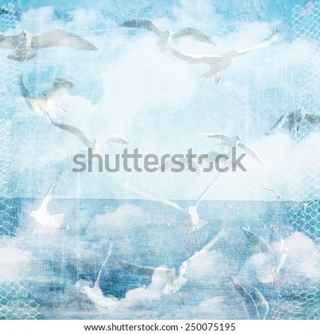 An abstract vintage texture background with clouds and seagull. Page to design photo books, album. Soft focus, blur specifically for the background image