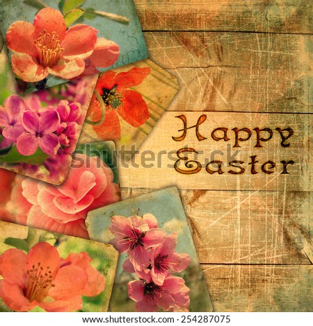 Template for design page photo book  with  stamping Happy Easter. Beautiful old post cards on wooden planks with scratches. Postcards are not public domain - a design of my photos in retro style.