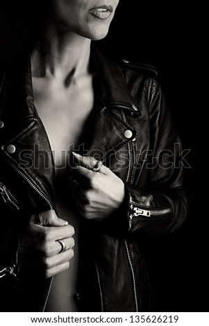 closeup beautiful woman with leather jacket