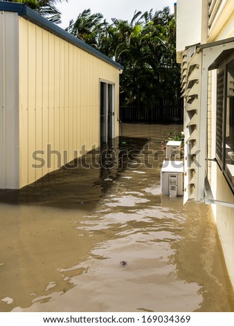 Flood water in a suburban yard in Brisbane