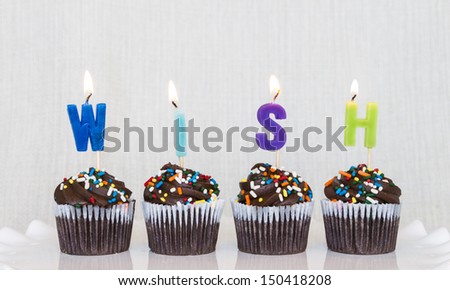 Lit multicolored candles that spell WISH in chocolate mini cupcakes with colored sprinkles