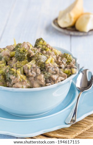 Ground beef and broccoli cooked in mushroom soup, a common meal for families in Hawaii