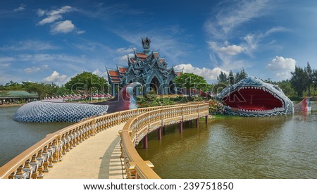 Sumeru Mountain Palace, Ancient Siam (formerly known as Ancient City) is a park constructed under the patronage of Lek Viriyaphant and spreading over 0.81 km2 in the shape of Bangkok, Thailand.