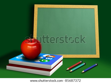 A computer illustration of school equipment, with apple books pencils and chalkboard.