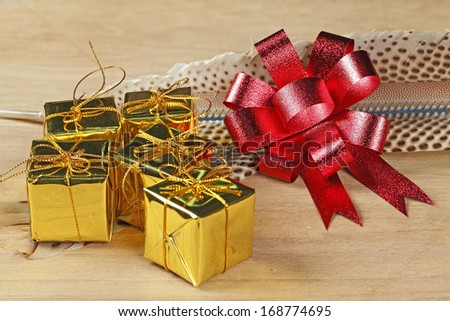 Golden box with red ribbon on feather