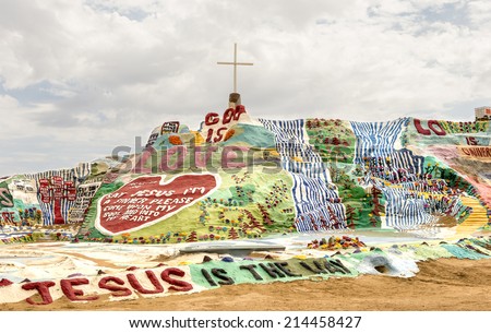 Niland, California - August 11 2014: Salvation Mountain is Leonard\'s tribute to God and his gift to the world with its simple yet powerful message - God Is Love.
