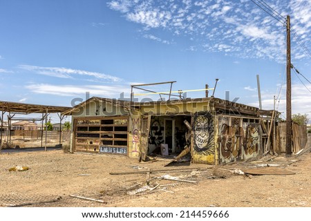 Bombay Beach, California - August 11 2014: Deserted structures on Bombay Beach at Salton Sea, California.