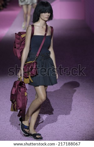 NEW YORK, NY - SEPTEMBER 11, 2014: Anna Ewers walks the runway at Marc Jacobs fashion show during Mercedes-Benz Fashion Week Spring 2015 at Seventh Regiment Armory
