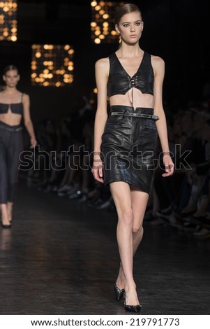 NEW YORK, NY - SEPTEMBER 09: Emmy Rappe walks the runway at the Diesel Black Gold Spring 2015 Collection at Skylight at Moynihan Station September 9, 2014