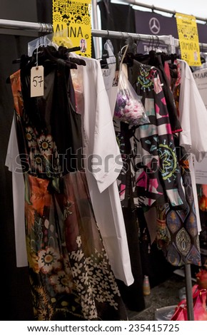 New York - September 04, 2014: The collection pieces are displayed backstage at the Desigual Spring 2015 fashion show during Mercedes-Benz Fashion Week at The Theatre at Lincoln Center