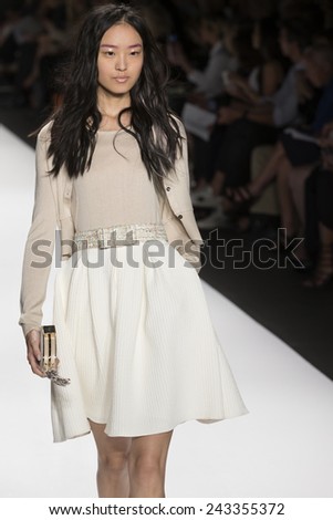 New York, NY - September 9, 2014: Yue Han walks the runway at Badgley Mischka show during Mercedes-Benz Fashion Week Spring 2015 at The Theatre at Lincoln Center