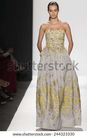 New York, NY - September 8, 2014: Gizele Oliveira walks the runway at Dennis Basso show during Mercedes-Benz Fashion Week Spring 2015 at The Theatre at Lincoln Center