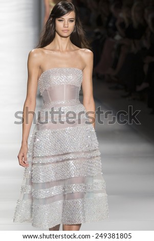 New York, NY - September 8, 2014: Anja Leuenberger walks the runway at Reem Acra show during Mercedes-Benz Fashion Week Spring 2015 at The Theatre at Lincoln Center