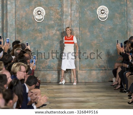 New York City, USA - September 15, 2015: Tory Burch walks the runway at the Tory Burch fashion show during the Spring Summer 2016 New York Fashion Week at David H. Koch Theater at Lincoln Center