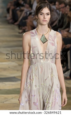 New York City, USA - September 15, 2015: Vanessa Moody walks the runway at the Tory Burch fashion show during the Spring Summer 2016 New York Fashion Week at David H. Koch Theater at Lincoln Center