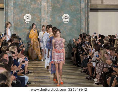 New York City, USA - September 15, 2015: Angel Rutledge walks the runway at the Tory Burch fashion show during the Spring Summer 2016 New York Fashion Week at David H. Koch Theater at Lincoln Center